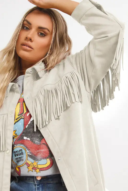 Fringe trim plus size suede shacket - jackets