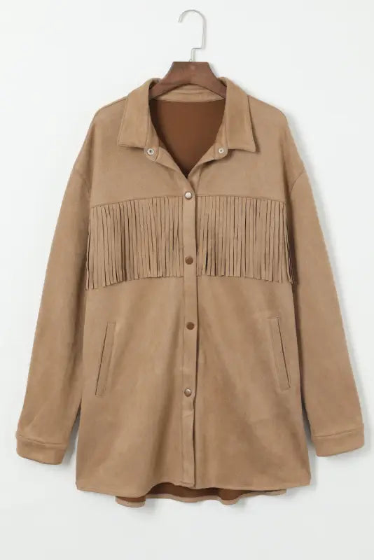 Fringe trim plus size suede shacket - jackets