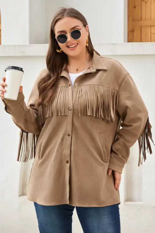 Fringe trim plus size suede shacket - khaki / 1x / 90% polyester + 10% elastane - jackets