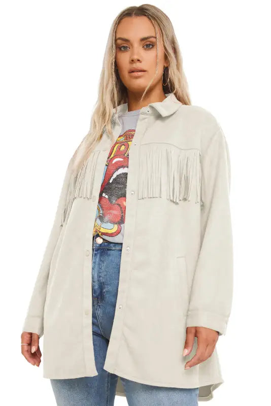 Fringe trim plus size suede shacket - jackets