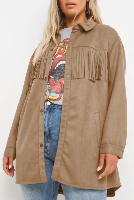 Fringe trim plus size suede shacket - jackets