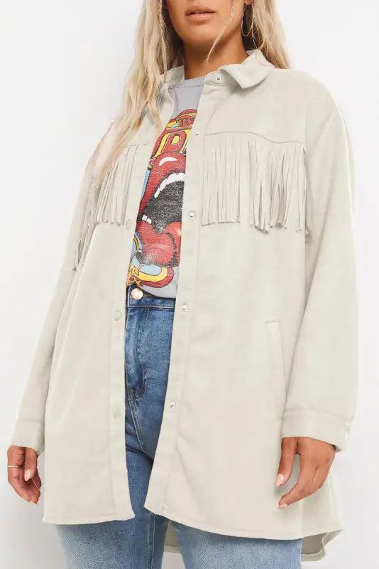 Fringe trim plus size suede shacket - white / 1x / 90% polyester + 10% elastane - jackets