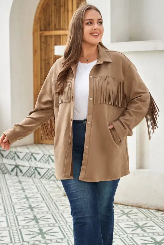 Fringe trim plus size suede shacket - jackets