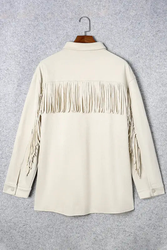 Fringe trim plus size suede shacket - jackets