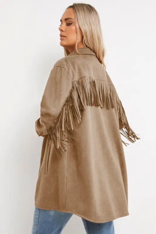 Fringe trim plus size suede shacket - jackets