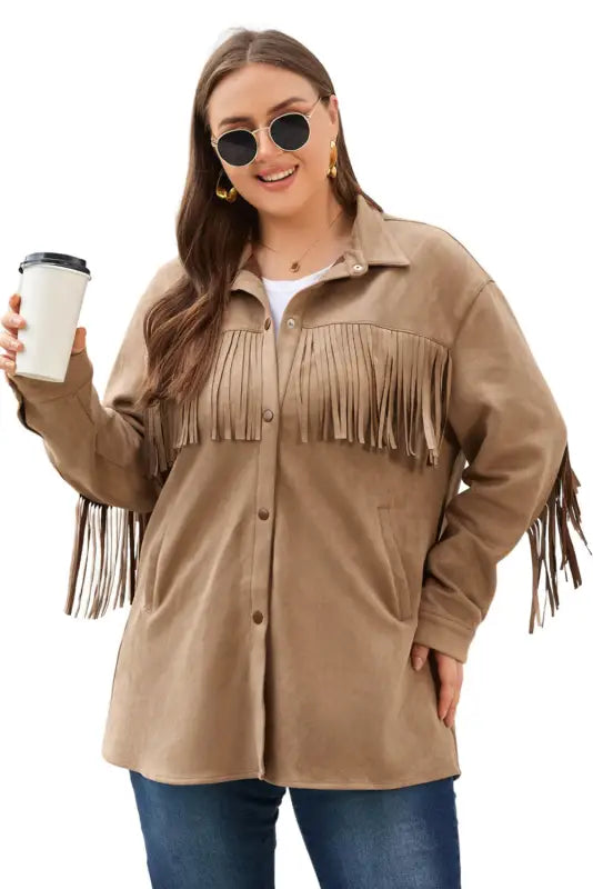 Fringe trim plus size suede shacket - jackets