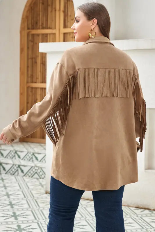 Fringe trim plus size suede shacket - jackets