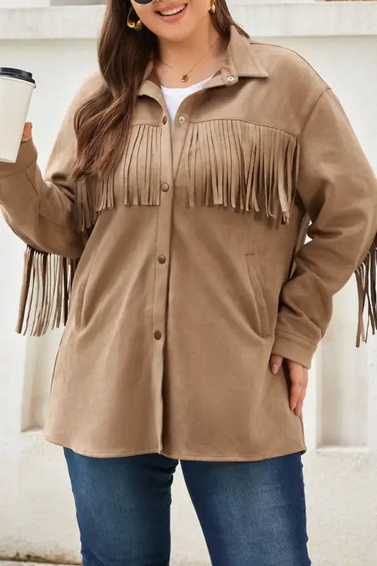 Fringe trim plus size suede shacket - jackets