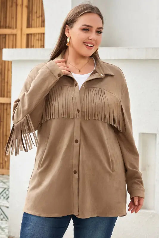 Fringe trim plus size suede shacket - jackets