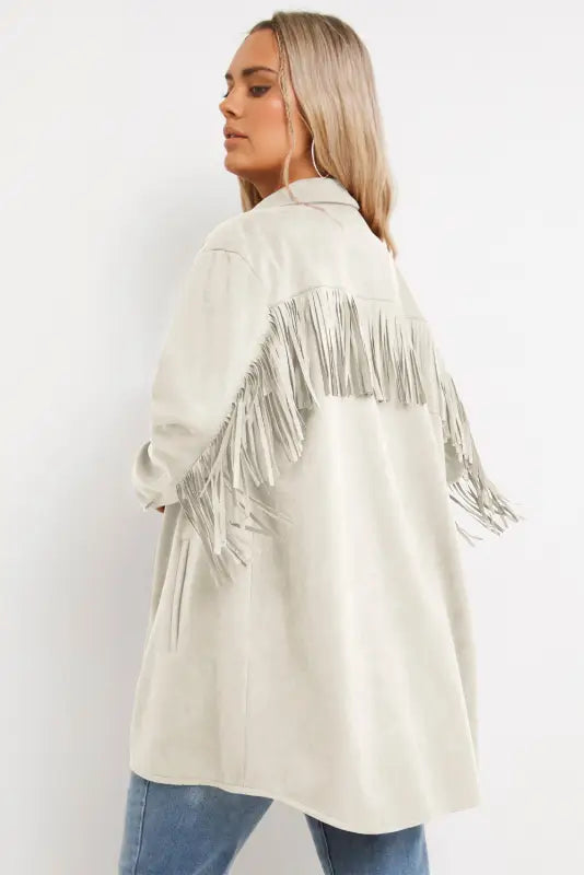 Fringe trim plus size suede shacket - jackets