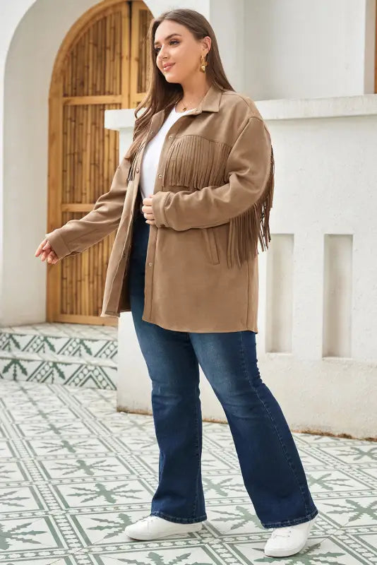 Fringe trim plus size suede shacket - jackets