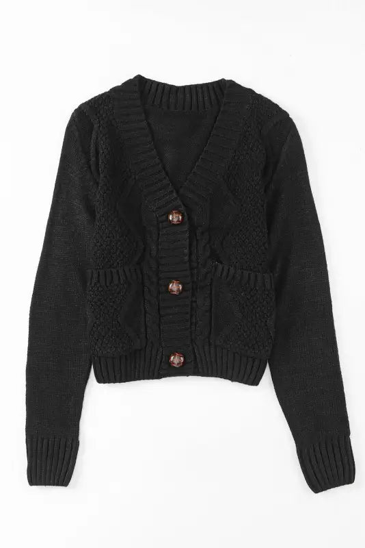 Black front pockets buttons textured cardigan - sweaters & cardigans