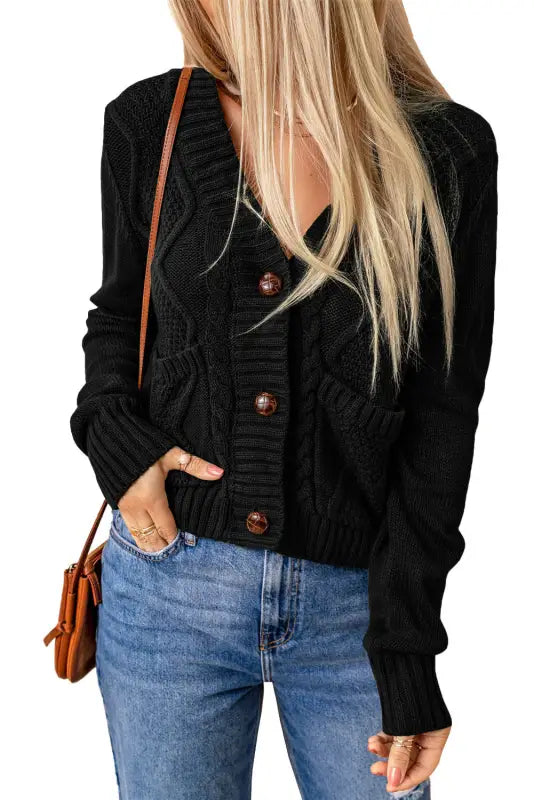 Black front pockets buttons textured cardigan - sweaters & cardigans