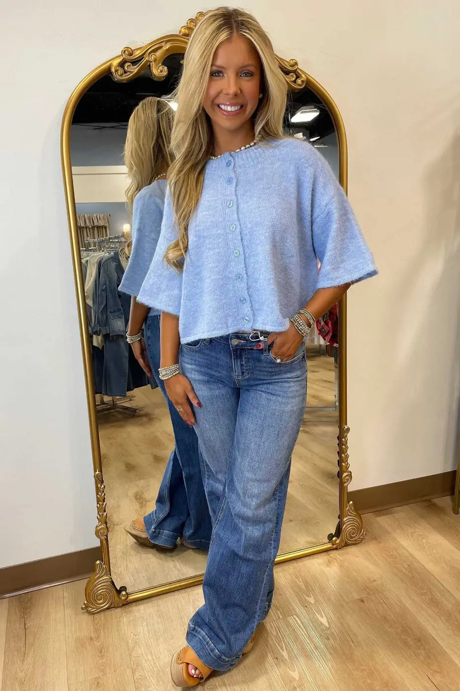 Pastel blue fuzzy knit cardigan women with button-down front and boxy silhouette, styled for casual summer layering.