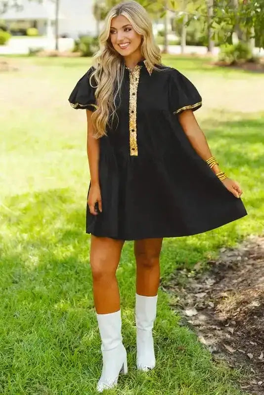 Game Day Shirt Dress - Black Sequin Trim - Fashionfitz