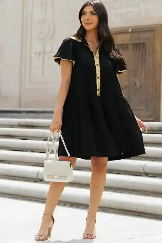 Game Day Shirt Dress - Black Sequin Trim - Fashionfitz