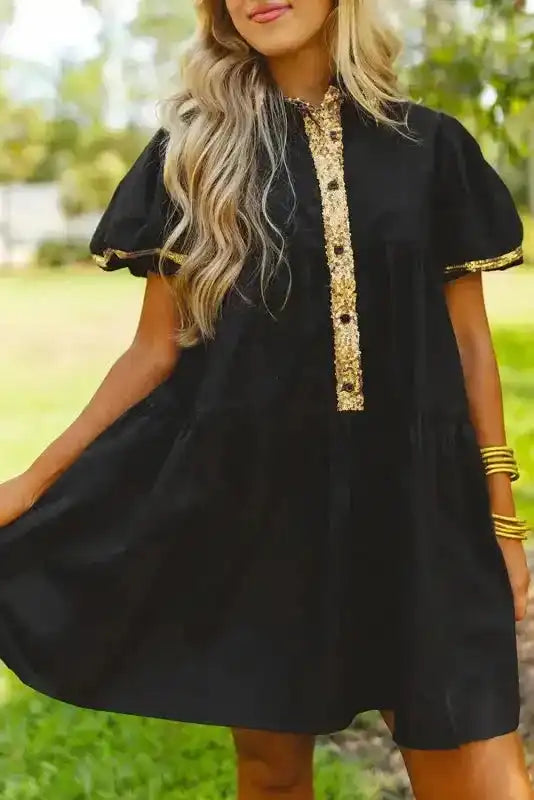 Black sequin trim shirt party glam mini dress front view — Fashionfitz UK