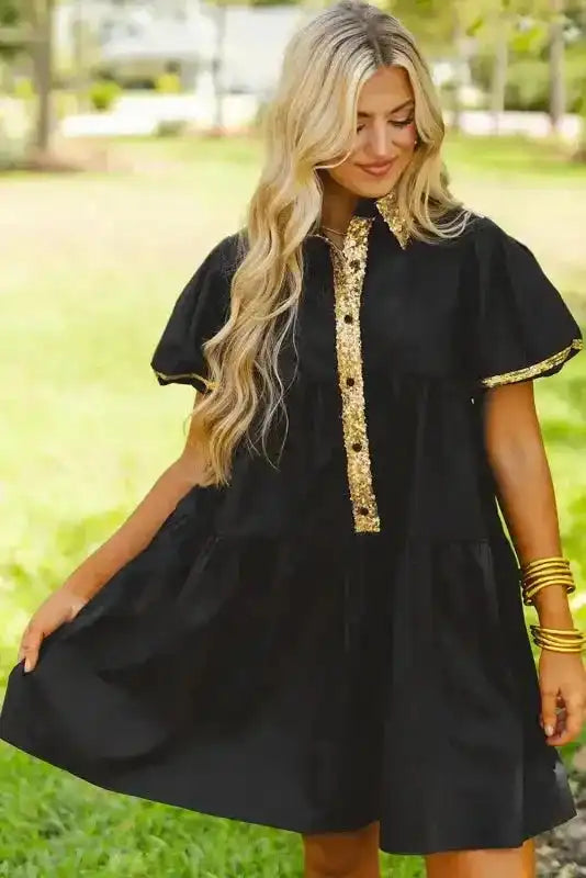 Game Day Shirt Dress - Black Sequin Trim - Fashionfitz