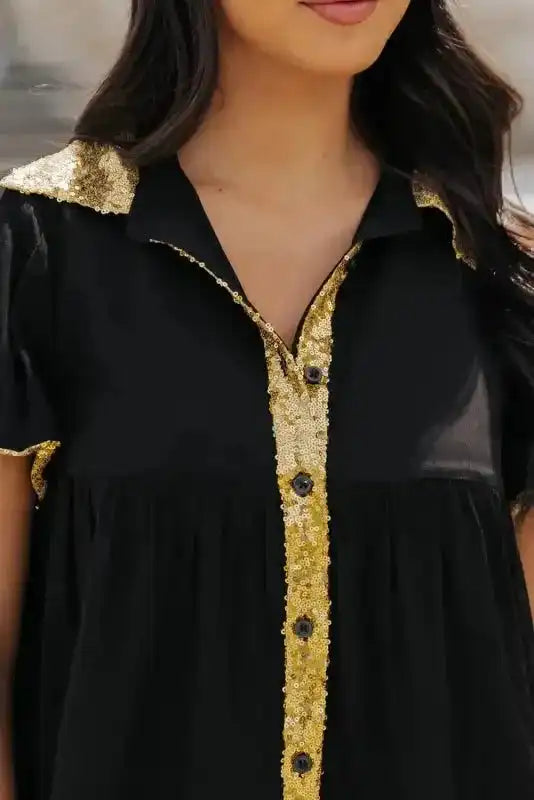 Game Day Shirt Dress - Black Sequin Trim - Fashionfitz