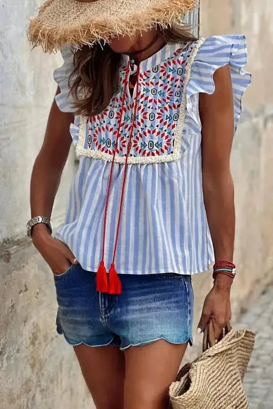 Geo Embroidered Tassel Blouse - Sky Blue Stripe - Fashionfitz