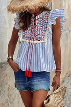 Geo Embroidered Tassel Blouse - Sky Blue Stripe - Fashionfitz