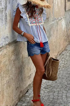 Geo Embroidered Tassel Blouse - Sky Blue Stripe - Fashionfitz