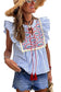 Sky blue stripe geo pattern embroidered tassel flutter blouse - blouses & shirts