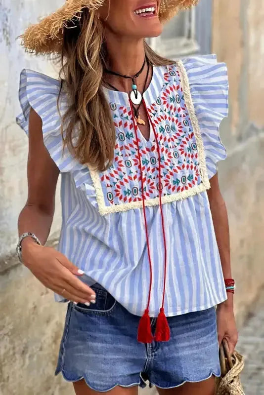 Geo Embroidered Tassel Blouse - Sky Blue Stripe - Fashionfitz