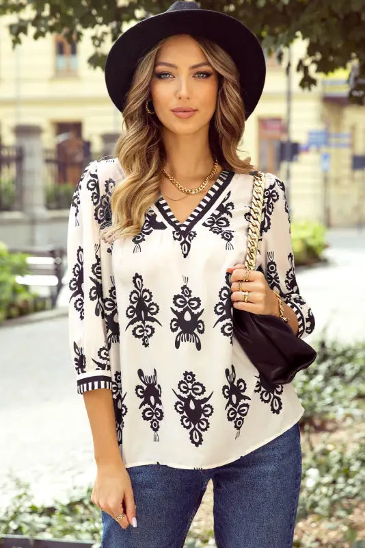 Geometric glamour quarter-sleeve top | women’s tops