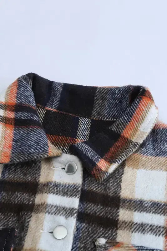 Geometric Plaid Print Pocketed Shacket - Fashionfitz