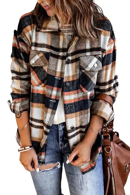 Geometric Plaid Print Pocketed Shacket - Fashionfitz
