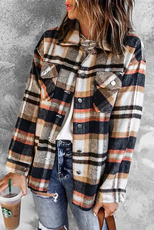 Geometric Plaid Print Pocketed Shacket - Fashionfitz