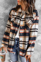 Geometric Plaid Print Pocketed Shacket - Fashionfitz
