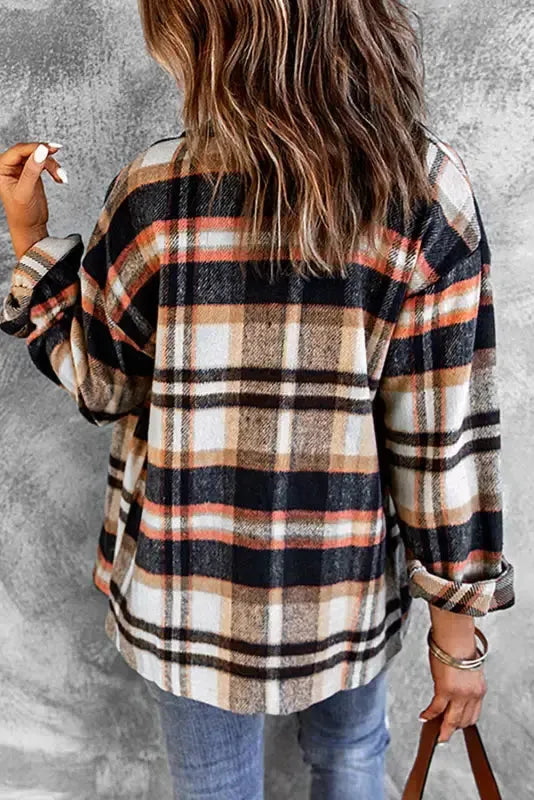 Side view of geometric plaid shacket showing relaxed shirt jacket fit Fashionfitz UK