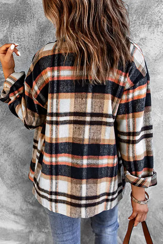 Geometric plaid print pocketed shacket - shackets