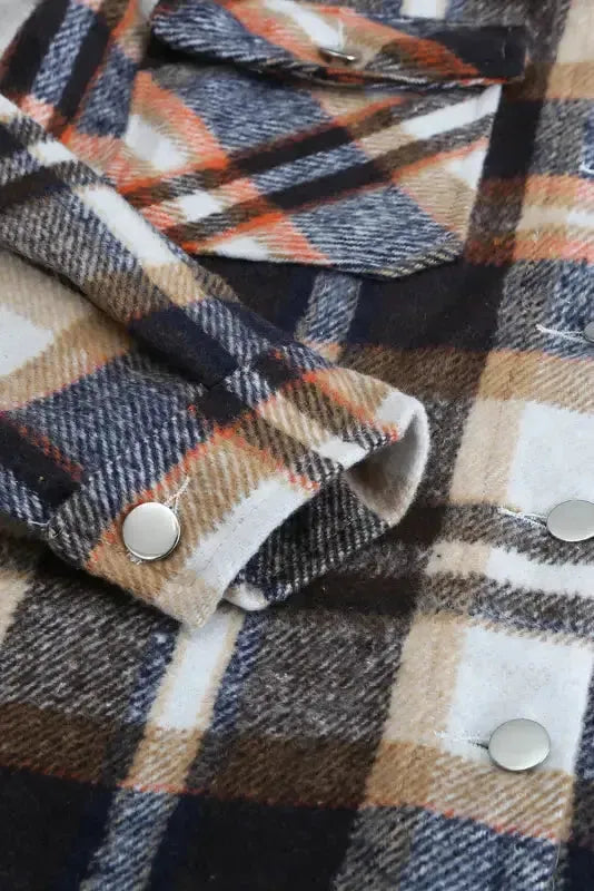 Geometric Plaid Print Pocketed Shacket - Fashionfitz