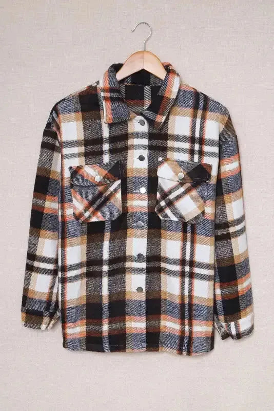Geometric Plaid Print Pocketed Shacket - Fashionfitz