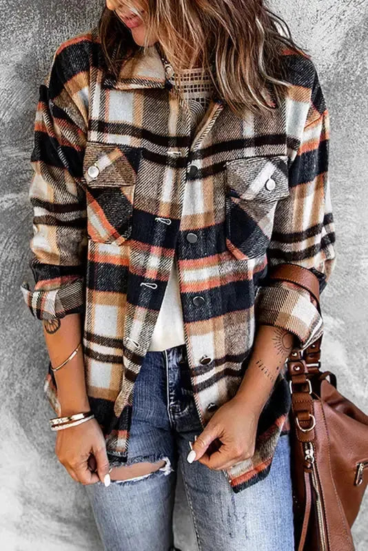 Geometric Plaid Print Pocketed Shacket - Fashionfitz