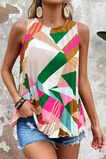 Geometric pleated shift tank top - multicolour / s / 100% polyester - tops