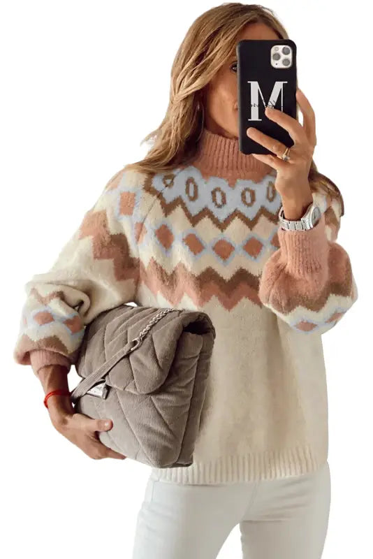 Khaki geometric pattern ribbed trim high neck sweater - & cardigans