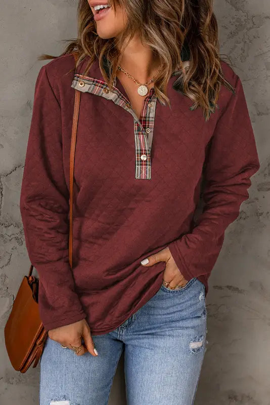 Geometric texture plaid trim sweatshirt | fashionfitz