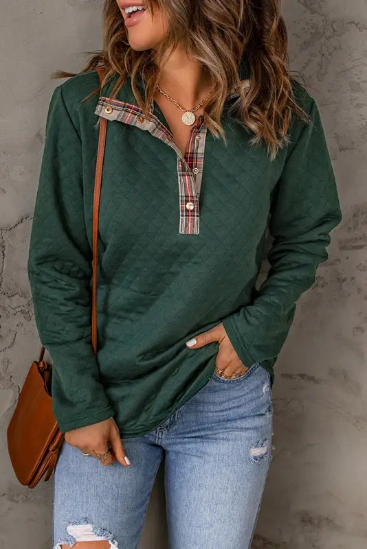 Geometric texture plaid trim sweatshirt | fashionfitz