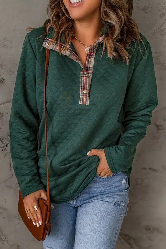 Geometric texture plaid trim sweatshirt | fashionfitz