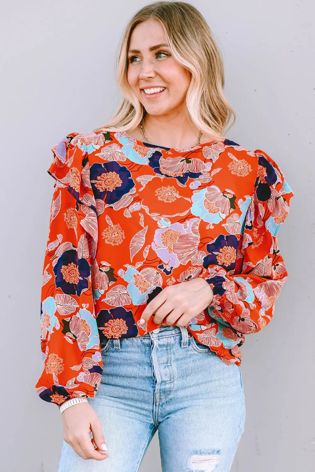 Ginger floral print ruffle puff sleeve blouse - red / s / 95% polyester + 5% elastane - blouses & shirts