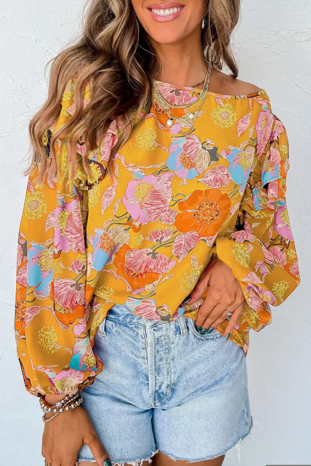 Ginger floral print ruffle puff sleeve blouse - s / 95% polyester + 5% elastane - blouses & shirts