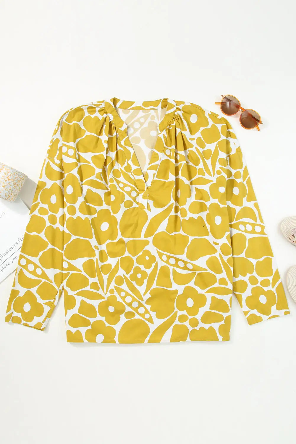 Ginger floral split neck long sleeve blouse - blouses & shirts