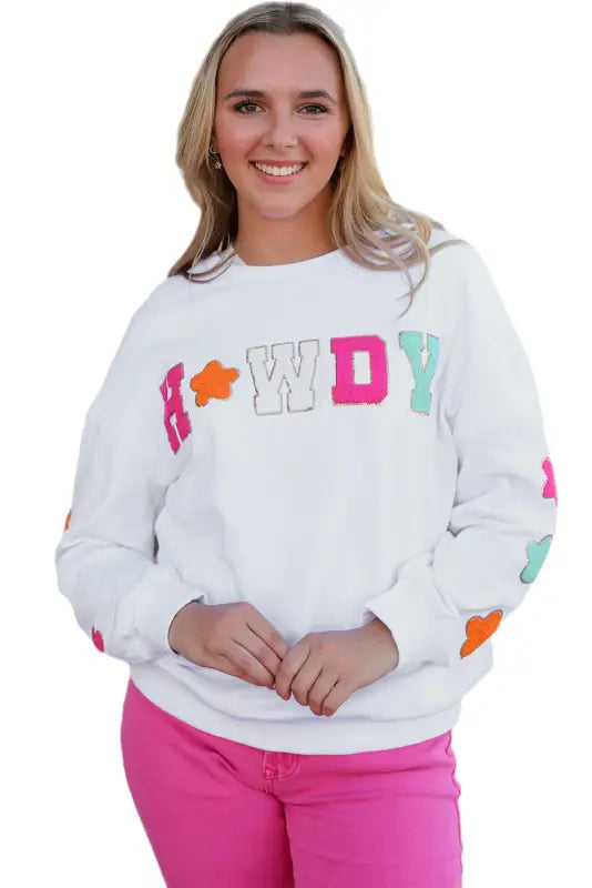 Black glitter howdy patch graphic casual sweatshirt - sweatshirts & hoodies