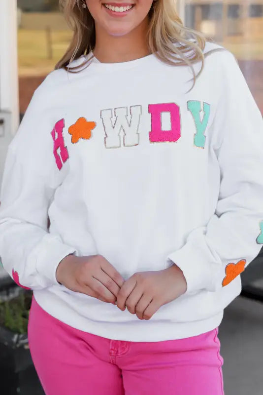 Black glitter howdy patch graphic casual sweatshirt - sweatshirts & hoodies