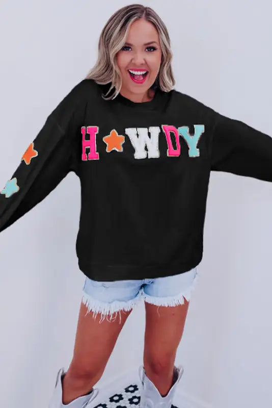 Black glitter howdy patch graphic casual sweatshirt - sweatshirts & hoodies