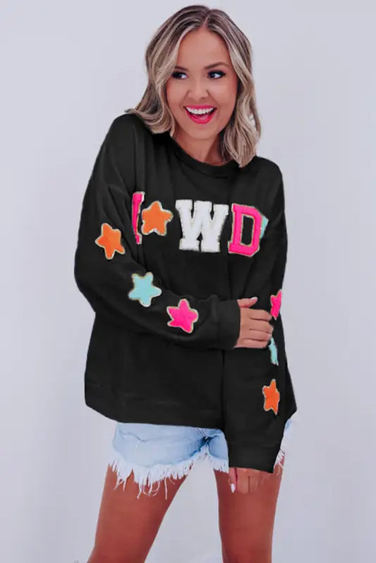 Black glitter howdy patch graphic casual sweatshirt - sweatshirts & hoodies